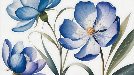 Detailed botanical of blue and white flowers with green leaves and stems