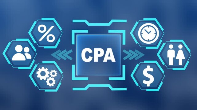 Glowing teal digital interface with the word CPA in the center surrounded. modern Concept with surrounding finance, users, settings and data analytics icon