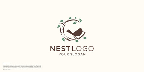 Obraz premium bird's nest logo inspiration with rounded circle roots and leaves concept design.