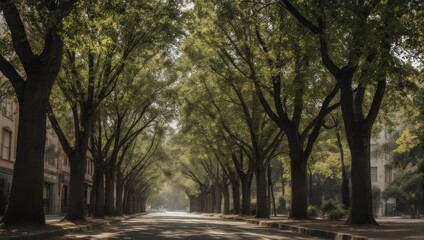 Obraz premium Quiet tree lined street on a sunny morning with dappled light.