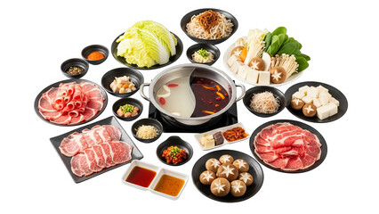 Asian Hot Pot Dinner Set With Fresh Meats Vegetables And Dual Broth