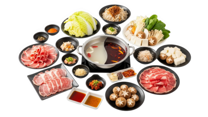 Asian Hot Pot Dinner Set With Fresh Meats Vegetables And Dual Broth
