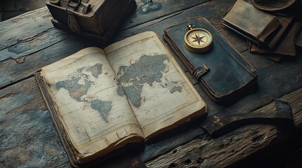 Open map with a compass and travel journal on a rustic table .