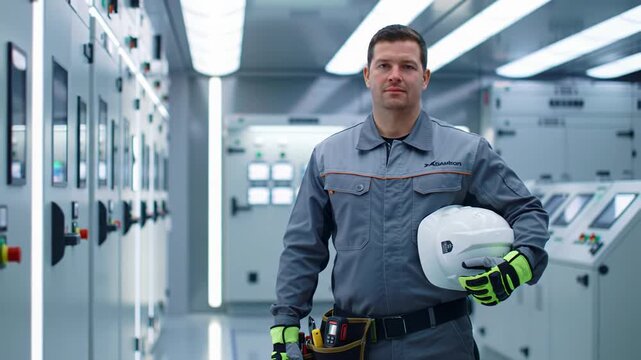 A focused male professional, 30s-40s, in steel-blue utility shirt, holding a hard hat & gloves, with a tool belt, in a hyper-modern industrial lab. Concept of professional competence and precision
