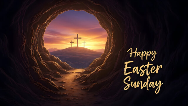 Easter sunday greeting with crosses at sunset