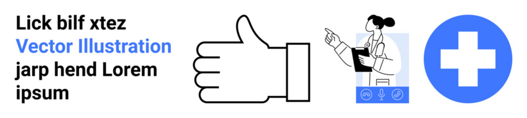Fototapeta premium Approval, healthcare, medical consultation, positive feedback, digital communication, wellbeing. A thumbs up hand icon, a woman in a lab coat and a blue medical cross icon. Approval and healthcare