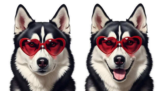 Two huskies isolated on transparent background with heart glasses