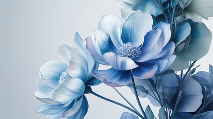 Large Blue and White Flowers with Soft Petals and Green Leaves on Light Background