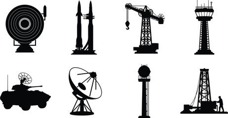 Obraz premium Industrial technology silhouette icon set with radar rockets crane control tower satellite dish and oil drilling rig vector