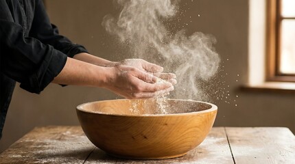 Fototapeta premium Baker hands clapping white flour over a rustic wooden bowl in kitchen