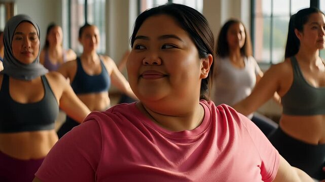Happy plus size Asian woman stretching arms up during a group yoga class in a bright studio, showcasing body positivity, wellness, and inclusive fitness concepts.