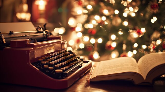 A close-up of a vintage typewriter with an open book and soft, ambient lighting in the background. .