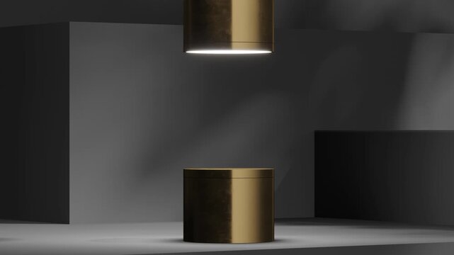 The circular platform on the dark geometric background. Animated mock up for product, cosmetic presentation. Pedestal or platform for beauty products. Empty scene, stage.