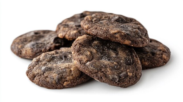Chocolate chip cookies in a pile isolated on white background .