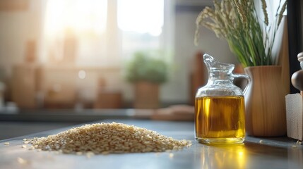Rice bran oil with rice grains and clean kitchen background .
