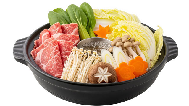 Shabushabu Hot Pot Ingredients With Sliced Beef And Fresh Vegetables