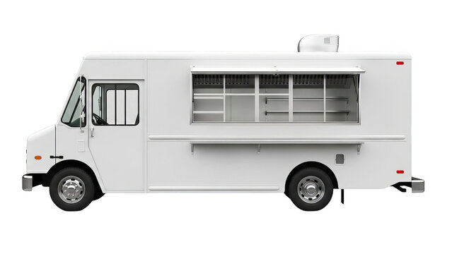 White Food Truck Isolated On Black With Open Serving Window