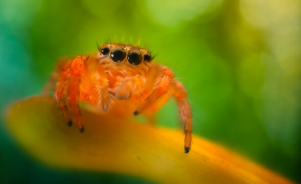 The cutest of spiders. Spider species; Jumping spider. Natural background.