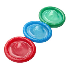 Three colorful unwrapped red blue green latex condoms arranged on transparent background