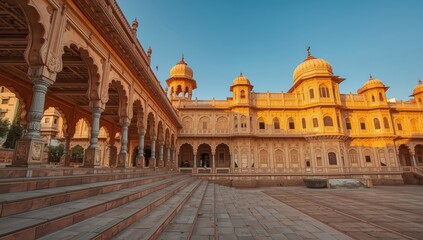Fototapeta premium Ancient Indian fort palace courtyard with arches, symmetry, and cultural heritage travel background
