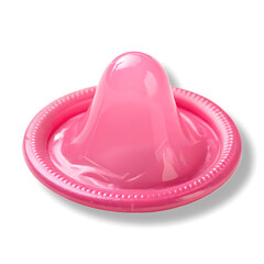 Pink smooth latex condom standing upright for contraception safety on transparent background