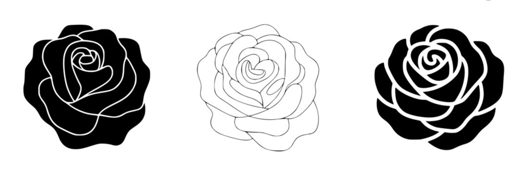 Three stylized rose graphics: one solid black silhouette, one line art outline, and one black filled design on white background