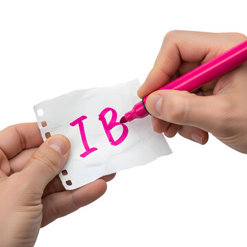 Hands crossing out ib on paper isolated on transparent background