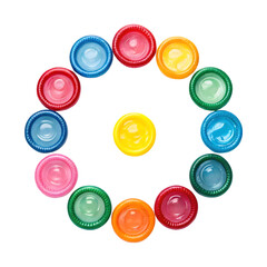 Colorful latex condoms arranged in circle frame shape on transparent background