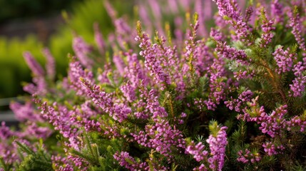Obraz premium A close-up view of blooming heather plants with vibrant purple flowers and green foliage. The scene captures the beauty of nature in a garden setting.