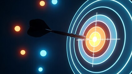 Dart hits bullseye on glowing target with crosshairs and colorful lights