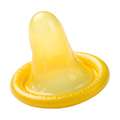 Yellow latex condom standing upright for sexual safety on transparent background