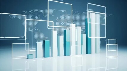 Digital world map with bar graphs and glowing rectangles abstract analysis, Blue futuristic bar chart overlays global digital map, Business analytics visualizes financial growth trends . - Powered by Adobe
