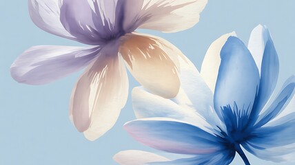 Soft pastel flowers with purple blue and white petals on a light blue background