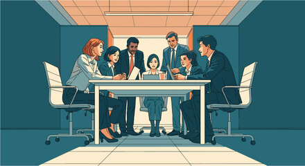 Diverse group of professionals collaborating around a conference table in a modern office setting, engaging in a productive business meeting.