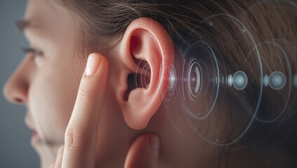 Futuristic ear device glowing blue, cybernetic hearing enhancement, and medical technology illustration