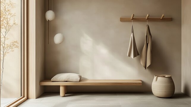 A minimalist entryway with soft lighting, a wooden coat rack, and a neutral color palette. .