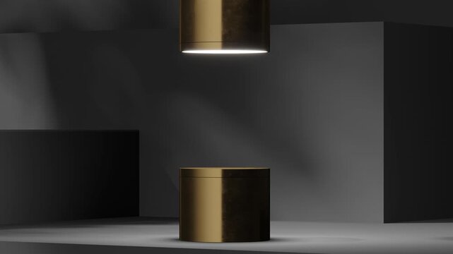The circular platform on the dark geometric background. Animated mock up for product, cosmetic presentation. Pedestal or platform for beauty products. Empty scene, stage.