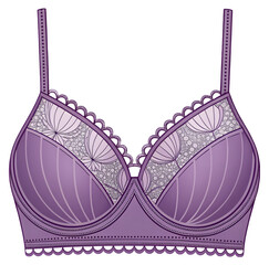 Dark purple floral illustration lingerie bra for women on transparent background