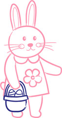 Fototapeta premium A bunny in a dress holds a basket filled with eggs. It walks happily in a park, celebrating Easter. Hand drawn line art in a naive folk art style.
