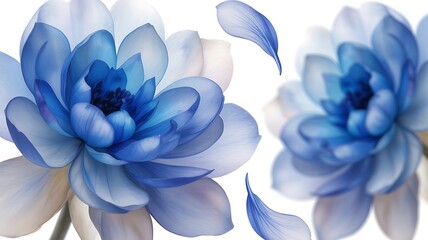 Two vibrant blue flowers with delicate petals and soft gradients on a white background