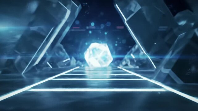 Slow push-in video of luminescent geometric pathway forming in vast futuristic crystalline architecture with digital mist, leading to glowing solution orb, pleasing bokeh. Concept of data resolving