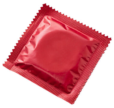Red square condom foil wrapper packaging for protection on transparent background
