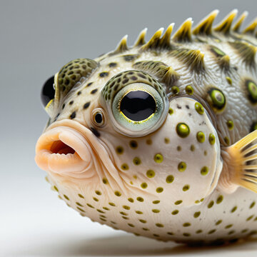 Seitenansicht eines hellen Kugelfisches mit gr&uuml;nen Punkten vor grauem Hintergrund