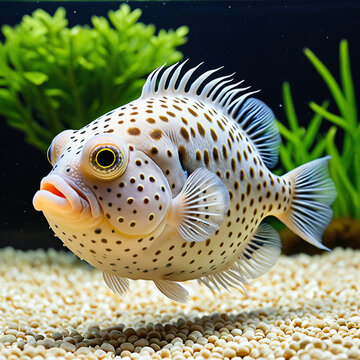 Gepunkteter Kugelfisch schwimmt &uuml;ber Kieselsteinen im hellen Aquarium