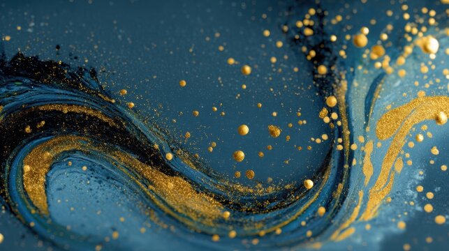 Abstract swirling blue and gold paint splatter with dynamic movement and fluidity.