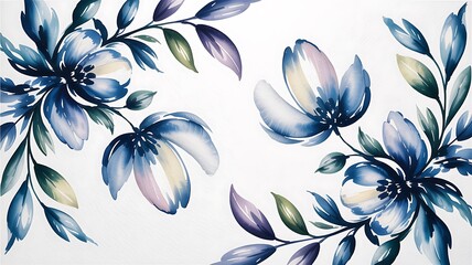 Watercolor painting of blue purple flowers with green leaves on white background