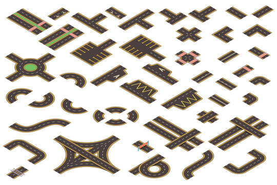 Isometric road set. City highway map creation kit, car traffic street path roadmap construction elements circle way race track crossroad asphalt icons, kicky vector illustration