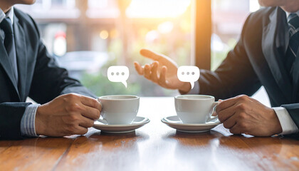 Two cup of coffee with close up of two businessman hand, placed on wooden table, chat bubble on the top of coffee, business talk in coffeeshop concept