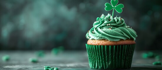 St Patrick's day concept , cupcake with shamrock topper, Irish saint celebration