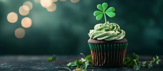 St Patrick's day concept , cupcake with shamrock topper, Irish saint celebration